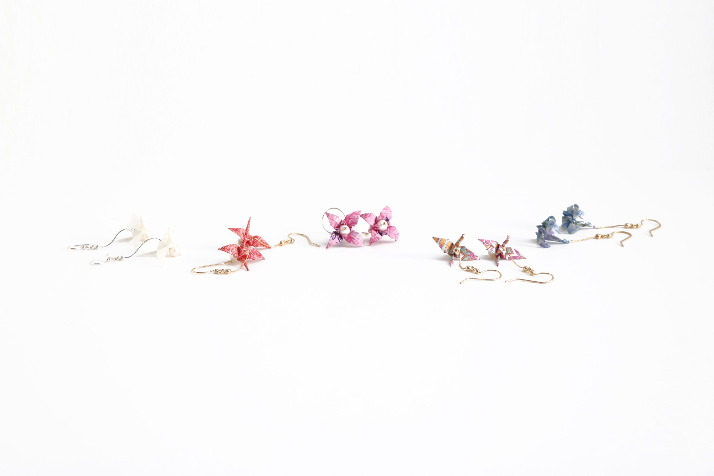 five origami dangle earrings: crane and lilies earrings
