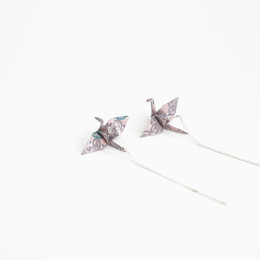 Japanese Paper Origami Crane Earrings Sterling Silver Threader Chain